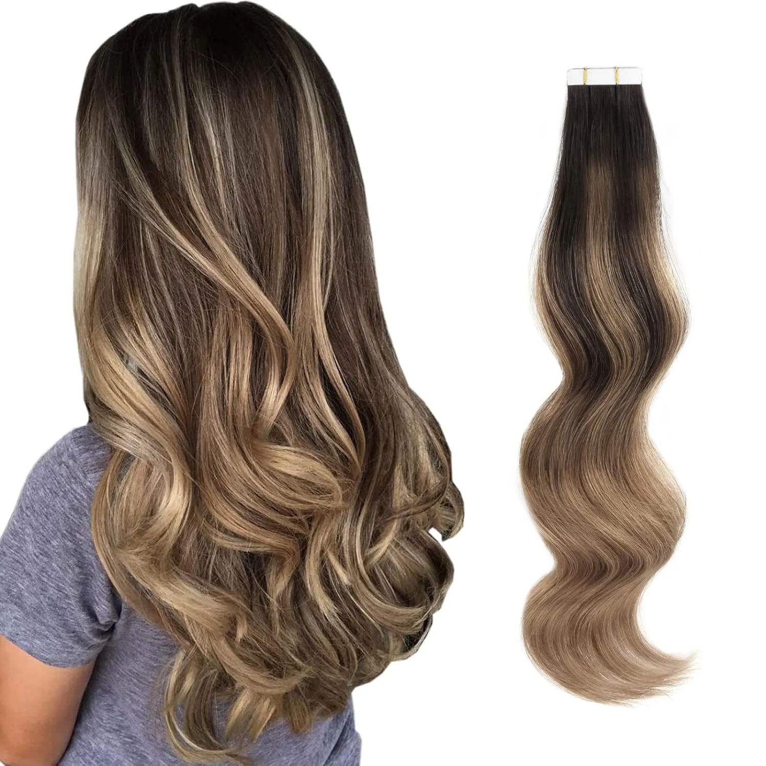 ABH AMAZINGBEAUTY HAIR Semi-permanent Balayage Tape in Hair Extensions, Remy Human Hair, 20 Pieces 50 Grams, Balayage Dark Brown Fading into Chestnut Brown B2-6, 16 Inch