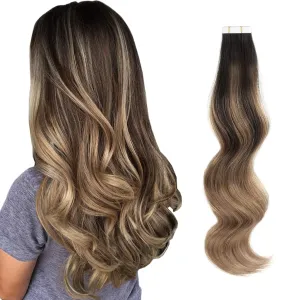 ABH AMAZINGBEAUTY HAIR Semi-permanent Balayage Tape in Hair Extensions, Remy Human Hair, 20 Pieces 50 Grams, Balayage Dark Brown Fading into Chestnut Brown B2-6, 16 Inch