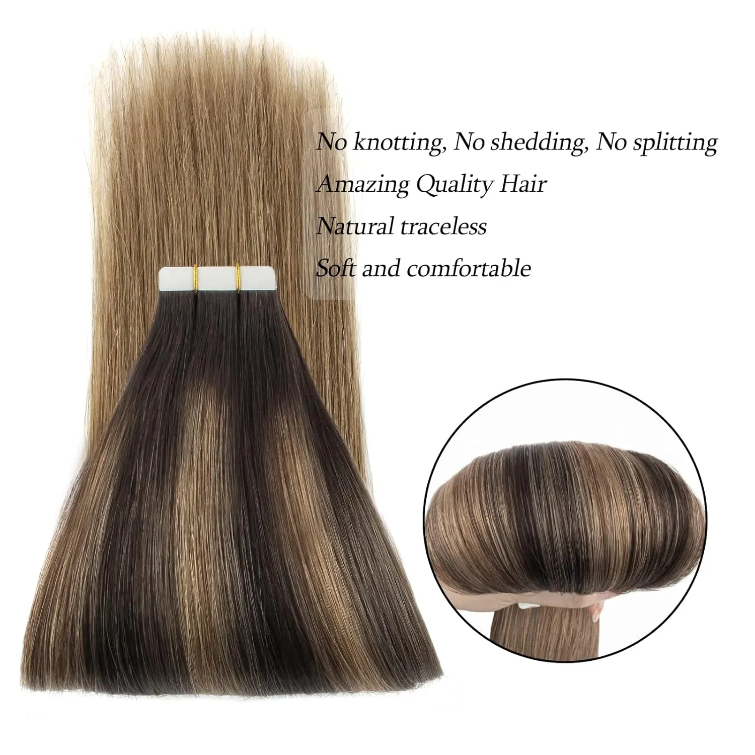 ABH AMAZINGBEAUTY HAIR Semi-permanent Balayage Tape in Hair Extensions, Remy Human Hair, 20 Pieces 50 Grams, Balayage Dark Brown Fading into Chestnut Brown B2-6, 16 Inch