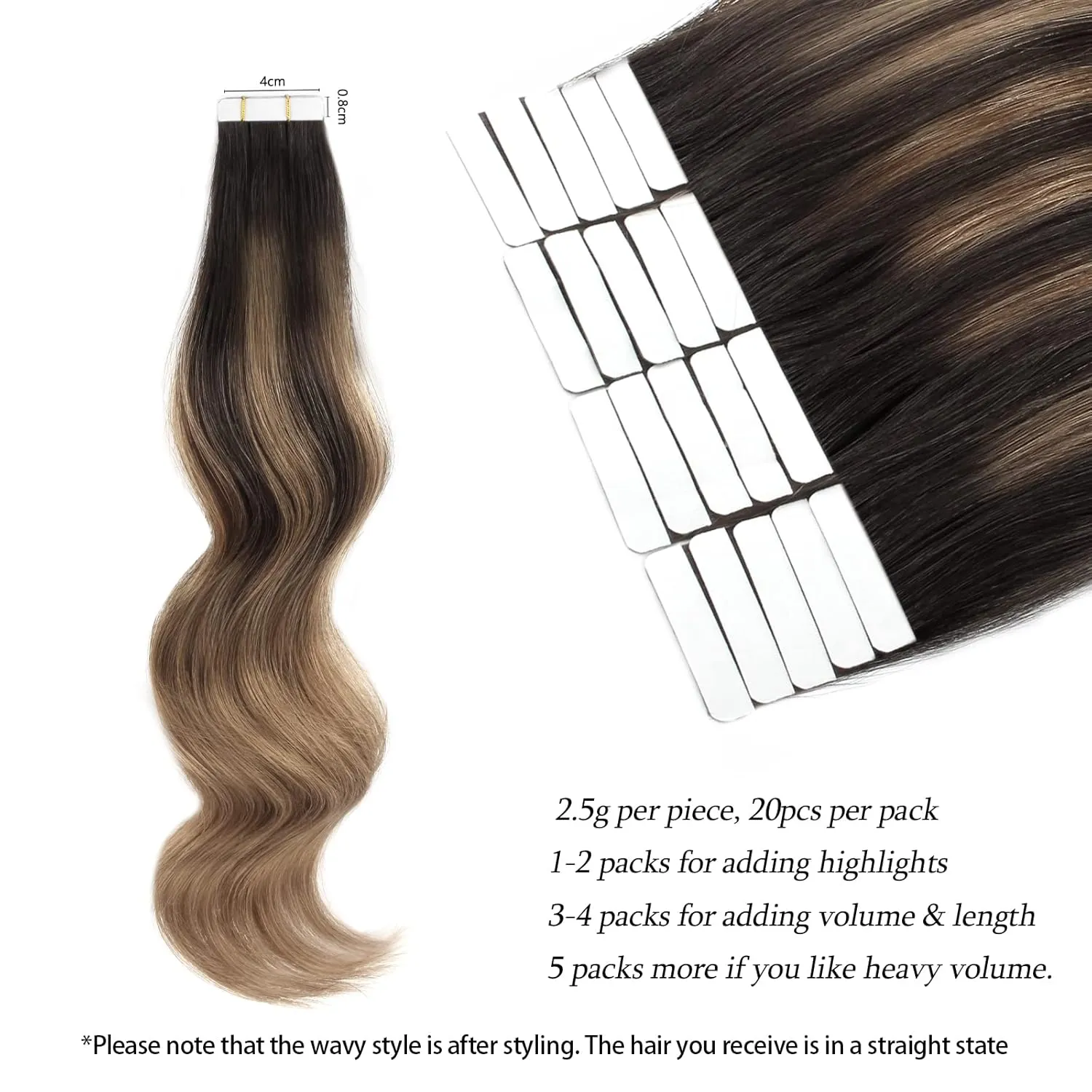 ABH AMAZINGBEAUTY HAIR Semi-permanent Balayage Tape in Hair Extensions, Remy Human Hair, 20 Pieces 50 Grams, Balayage Dark Brown Fading into Chestnut Brown B2-6, 16 Inch