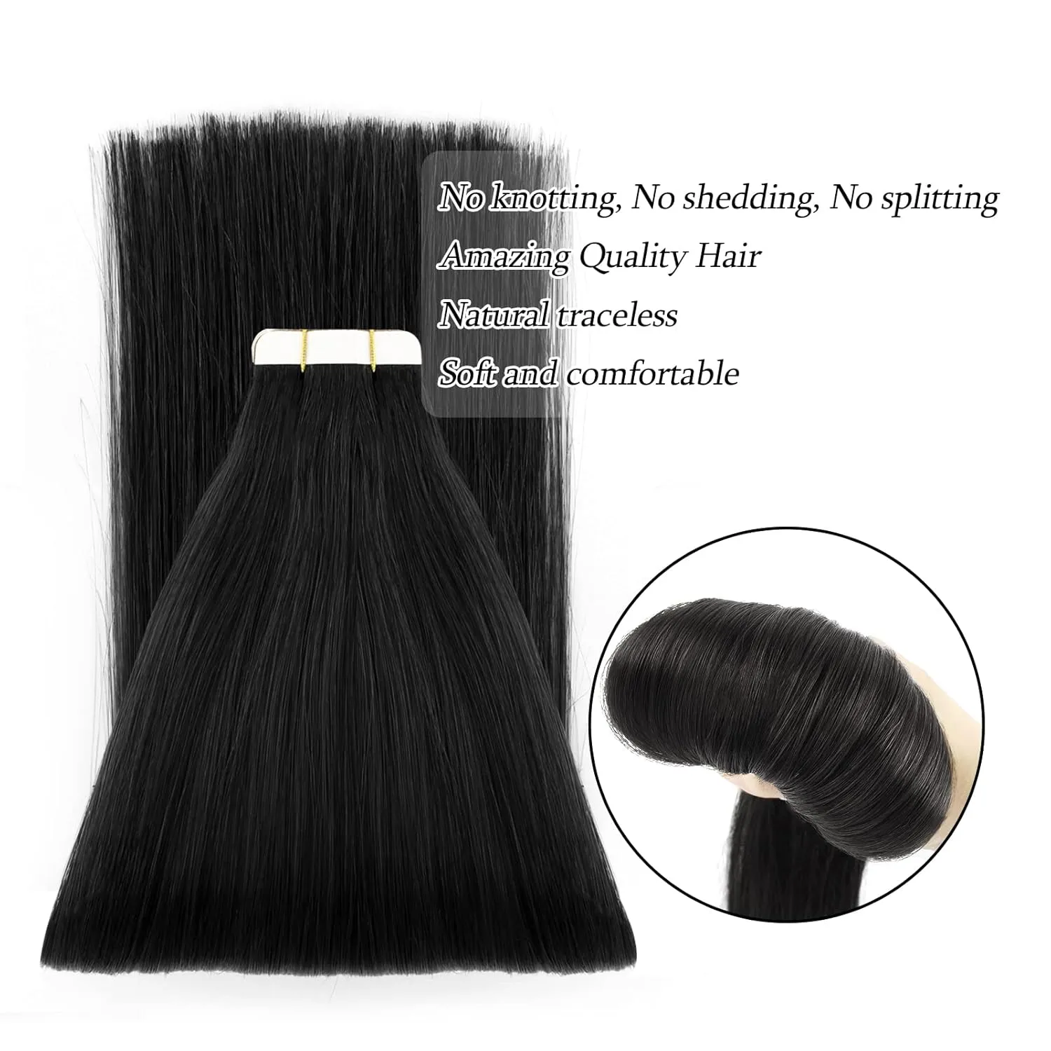 ABH AmazingBeauty Tape in Hair Extensions Semi-Permanent Pre-taped Black Tape Extensions Real Remy Human Skin Weft, Invisible, Seamless and Reusable, 50g 20pcs, Jet Black Color 1, 14 Inch