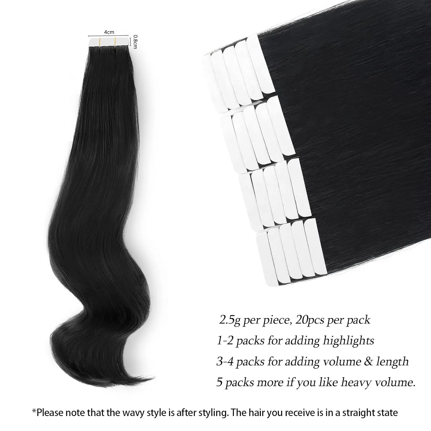 ABH AmazingBeauty Tape in Hair Extensions Semi-Permanent Pre-taped Black Tape Extensions Real Remy Human Skin Weft, Invisible, Seamless and Reusable, 50g 20pcs, Jet Black Color 1, 14 Inch