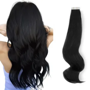 ABH AmazingBeauty Tape in Hair Extensions Semi-Permanent Pre-taped Black Tape Extensions Real Remy Human Skin Weft, Invisible, Seamless and Reusable, 50g 20pcs, Jet Black Color 1, 14 Inch