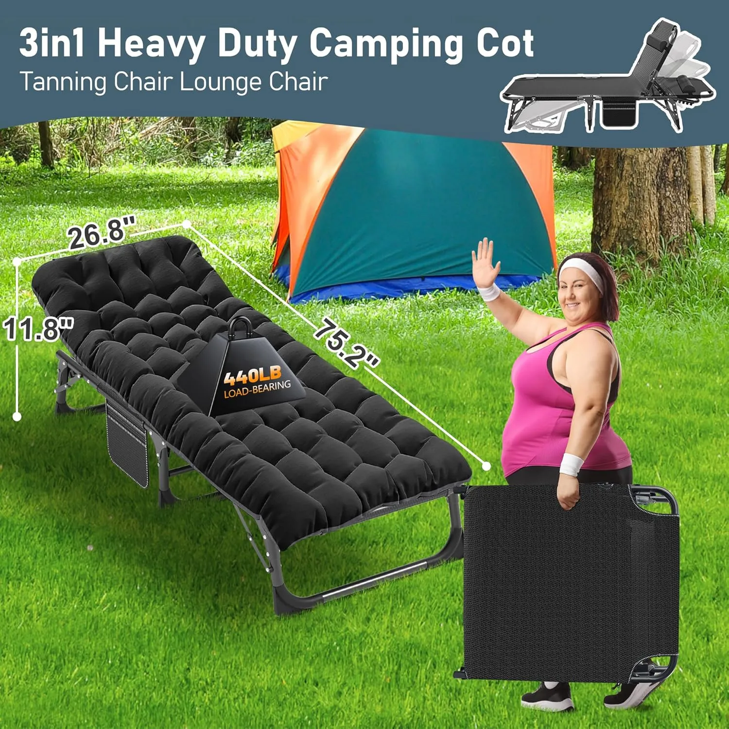 ABORON Foldable Camping Cots for Adults, Double Layer 1200D 500lb Loading Cot for Sleeping, Heavy Duty Guest Bed with Mattress Carrying Bag
