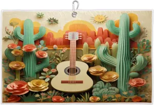 Abstract Guitar Flower Cactus Golf Towel with Heavy Duty Carabiner Clip Quick Dry Ultra Absorbent Club Ball Cleaning Towel Golf Accessories for Men Women