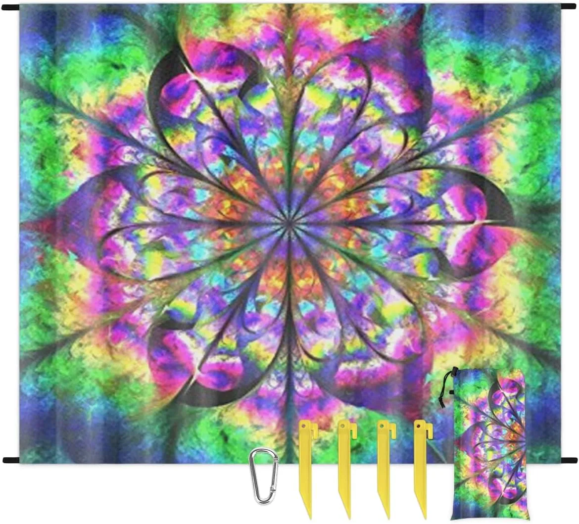 Abstract Watercolor Mandala Beach Blanket with Stakes, 68X59 Inch Waterproof Lightweight Sand Free Beach Mat, Quick Drying Picnic Mat for Beach Festival,Picnic,Travel, Outdoor Camping