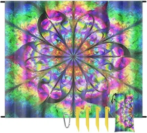 Abstract Watercolor Mandala Beach Blanket with Stakes, 68X59 Inch Waterproof Lightweight Sand Free Beach Mat, Quick Drying Picnic Mat for Beach Festival,Picnic,Travel, Outdoor Camping