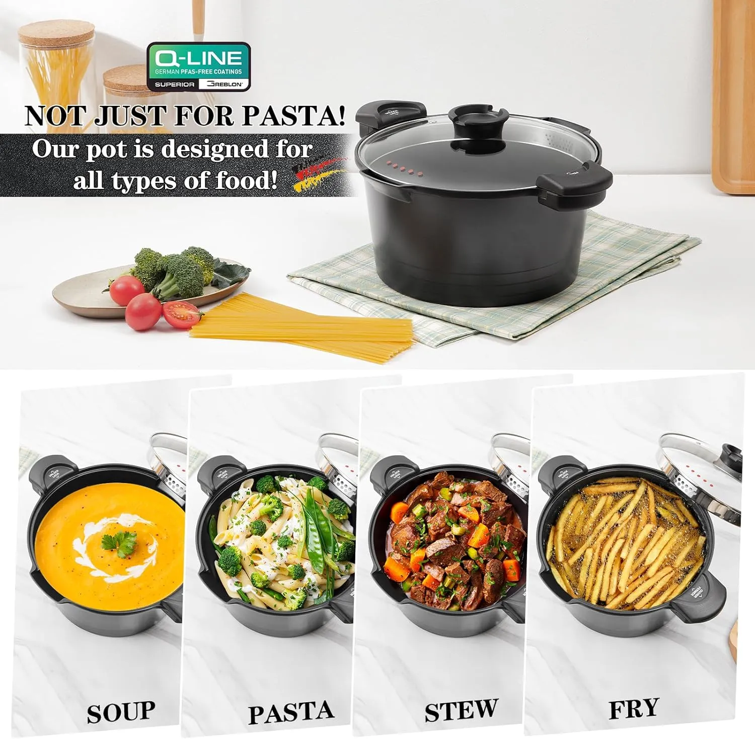 ACTIV CUISINE 8.5qt Pasta Pot with Strainer Lid, Cast Aluminum Stockpot Multipot, Nonstick Ceramic Coating make Cleanup easy with Tempered Glass Lid, Dishwasher Safe, Induction, Black