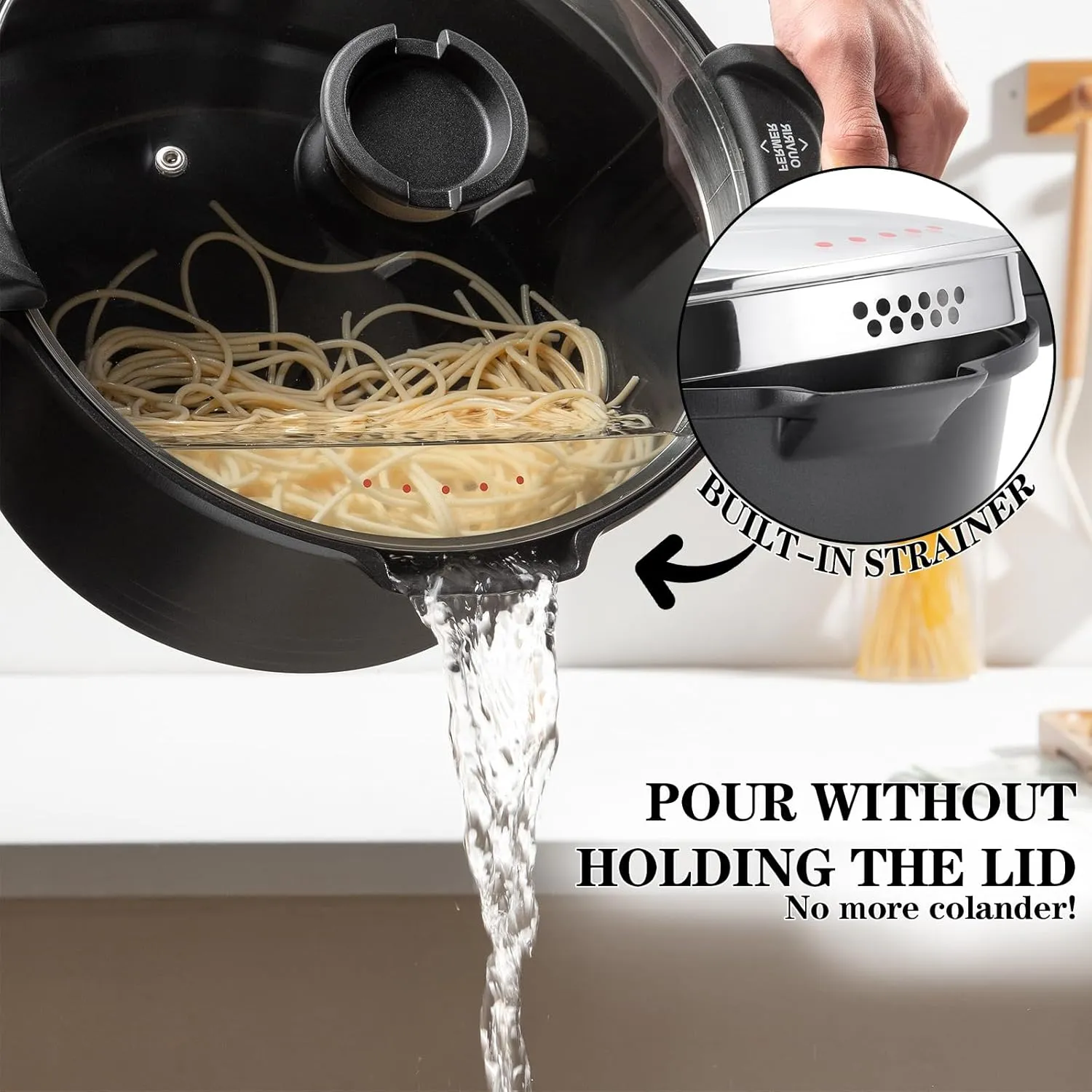 ACTIV CUISINE 8.5qt Pasta Pot with Strainer Lid, Cast Aluminum Stockpot Multipot, Nonstick Ceramic Coating make Cleanup easy with Tempered Glass Lid, Dishwasher Safe, Induction, Black