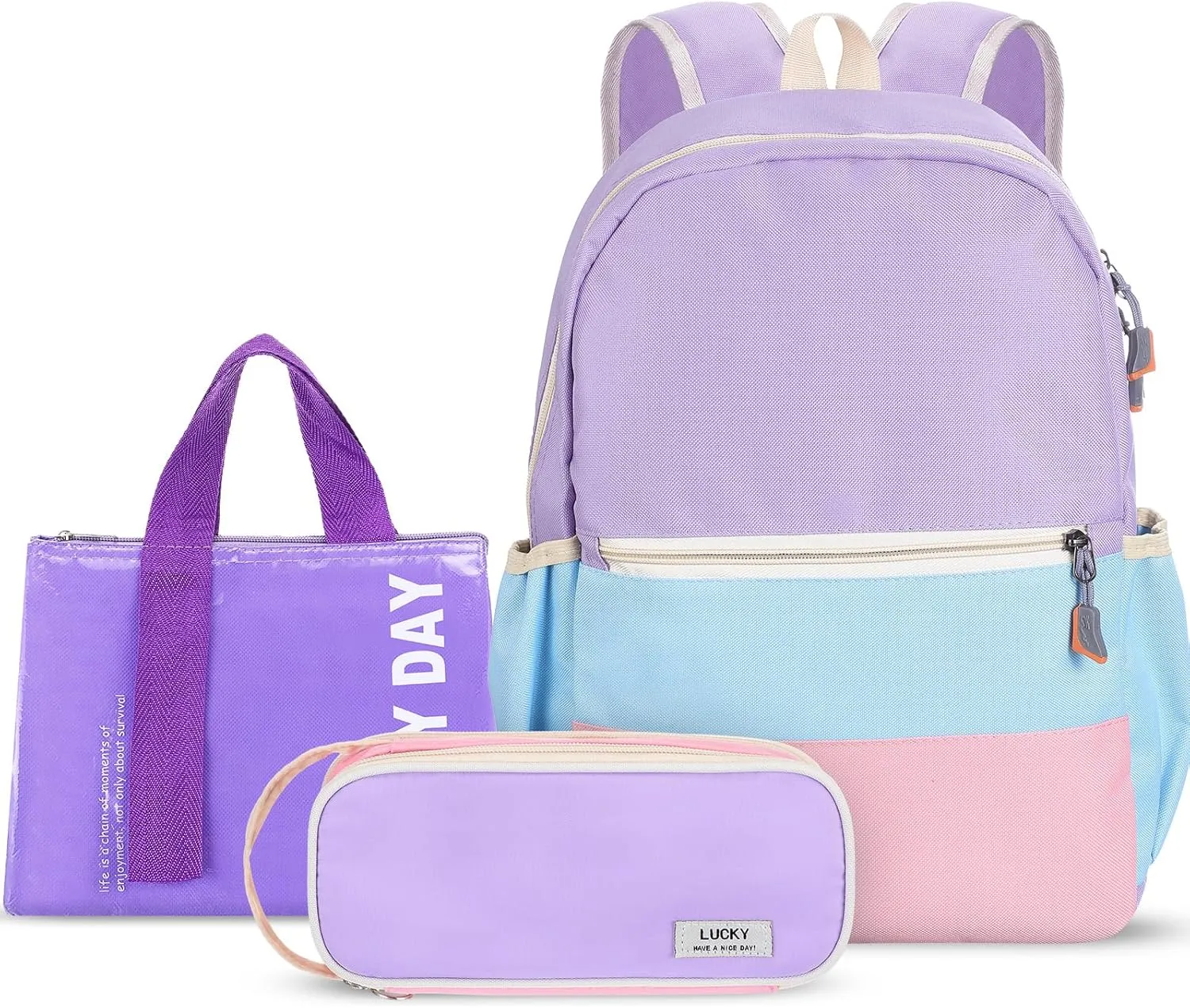 Aesthetic Backpack Set School Backpack Kindergarten Backpack with Pencil Case and Food Bag Kids School Supplies (Purple, Pink, Blue, Yellow, Light Purple)