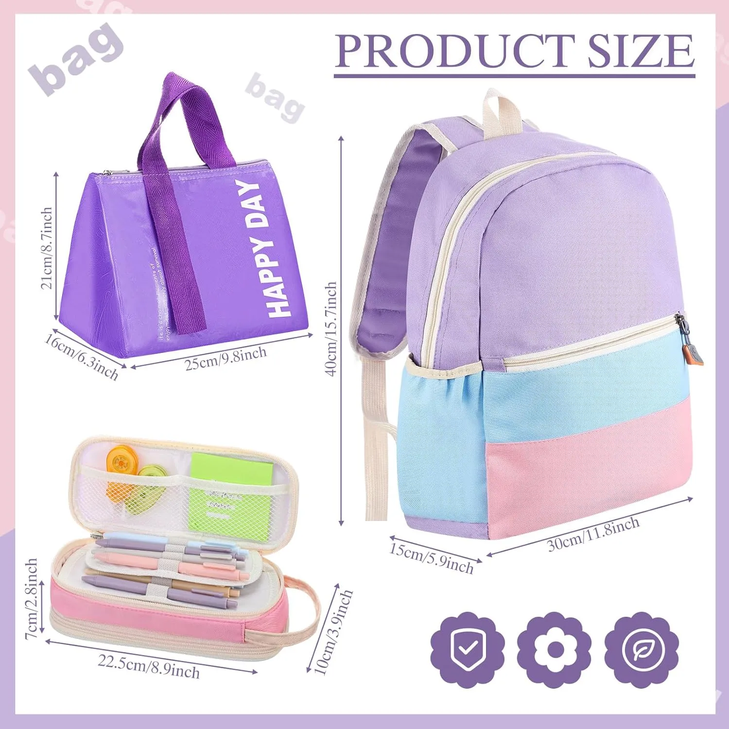 Aesthetic Backpack Set School Backpack Kindergarten Backpack with Pencil Case and Food Bag Kids School Supplies (Purple, Pink, Blue, Yellow, Light Purple)