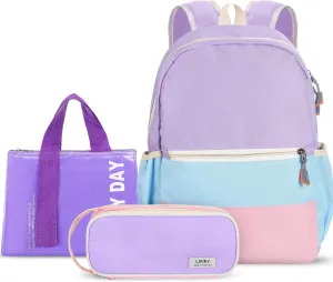 Aesthetic Backpack Set School Backpack Kindergarten Backpack with Pencil Case and Food Bag Kids School Supplies (Purple, Pink, Blue, Yellow, Light Purple)