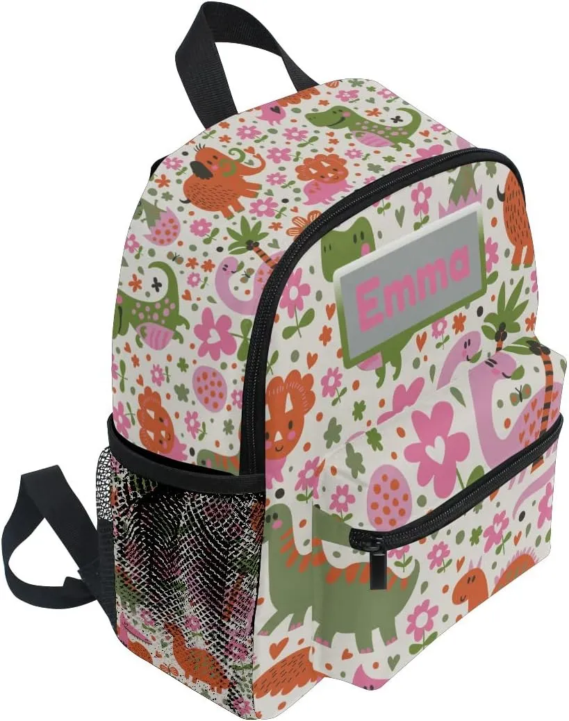 Aflyko Custom Name Cartoon Dino Pink Green Kids Backpack Personalized Daycare Bookbag Kindergarten Daypack for Toddler Girls Boys 10" × 4" × 12"