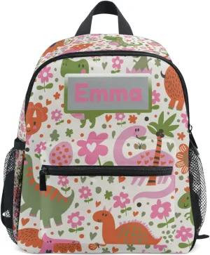 Aflyko Custom Name Cartoon Dino Pink Green Kids Backpack Personalized Daycare Bookbag Kindergarten Daypack for Toddler Girls Boys 10" × 4" × 12"