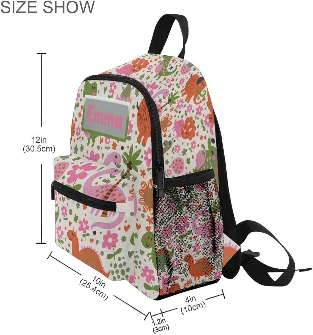 Aflyko Custom Name Cartoon Dino Pink Green Kids Backpack Personalized Daycare Bookbag Kindergarten Daypack for Toddler Girls Boys 10" × 4" × 12"