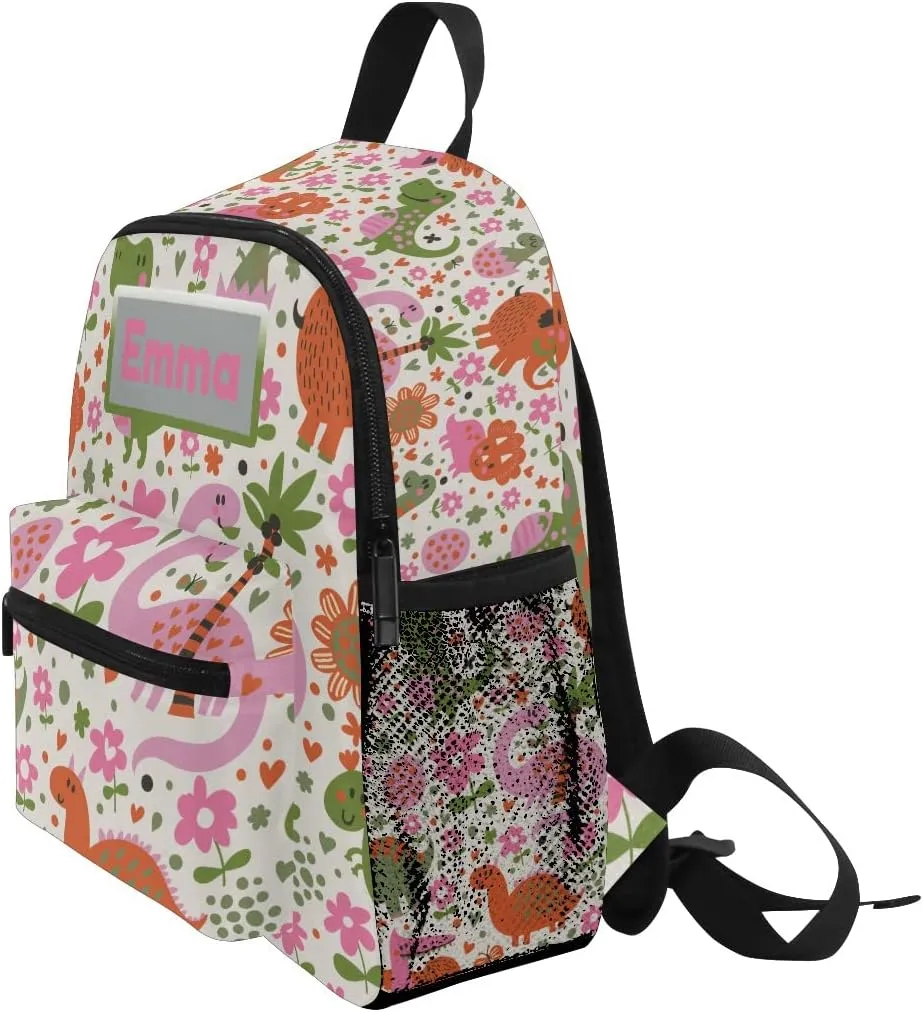 Aflyko Custom Name Cartoon Dino Pink Green Kids Backpack Personalized Daycare Bookbag Kindergarten Daypack for Toddler Girls Boys 10" × 4" × 12"