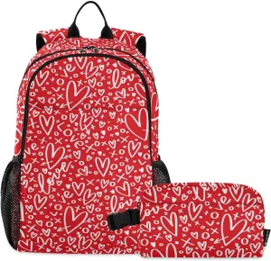 Aflyko Kid Backpack with Lunch Box Romance Heart Love Lettering Cute Back to School Bookbag for Boys Girls Primary Daycare Daypack Laptop Pack Hiking Camping Travel