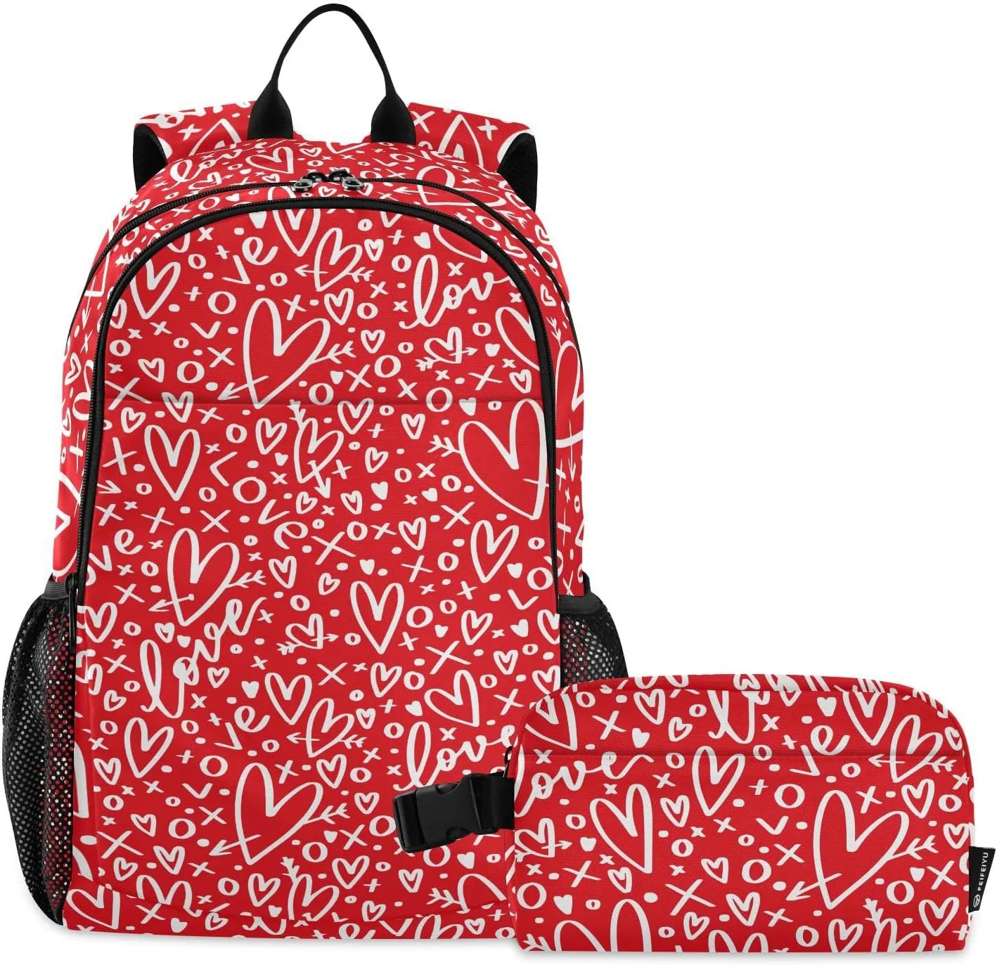 Aflyko Kid Backpack with Lunch Box Romance Heart Love Lettering Cute Back to School Bookbag for Boys Girls Primary Daycare Daypack Laptop Pack Hiking Camping Travel