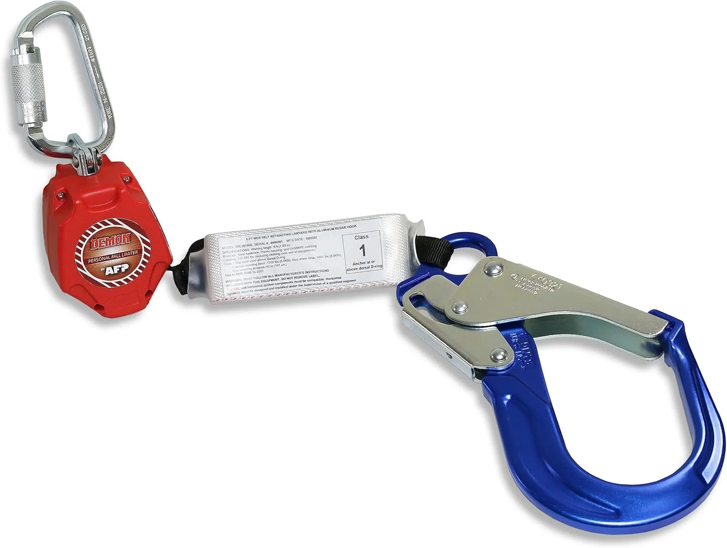 AFP Demon 6 Foot Single Web Leg Self Retracting Lifeline Safety Yoyo, Shock Pack Absorber, Aluminum Rebar Pelican Hook & Steel Carabiner Fall Protection Arrest Limiter SRL | OSHA & ANSI Rated