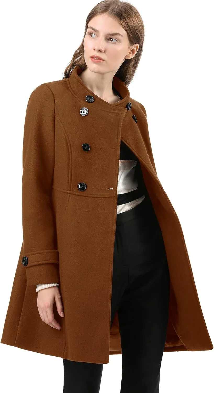Allegra K Women's Stand Collar Double Breasted Slant Pockets Trendy Outwear Winter Coat