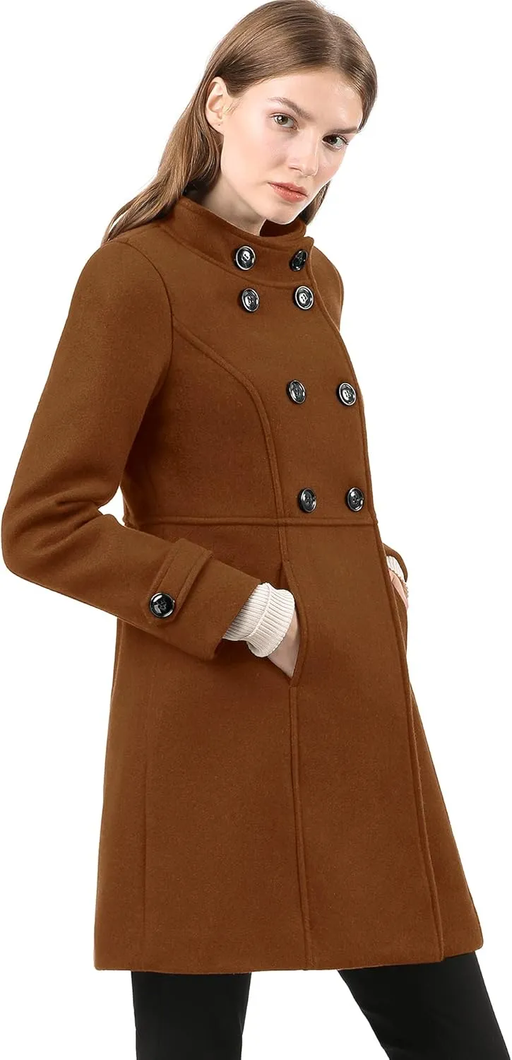 Allegra K Women's Stand Collar Double Breasted Slant Pockets Trendy Outwear Winter Coat