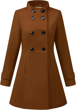Allegra K Women's Stand Collar Double Breasted Slant Pockets Trendy Outwear Winter Coat