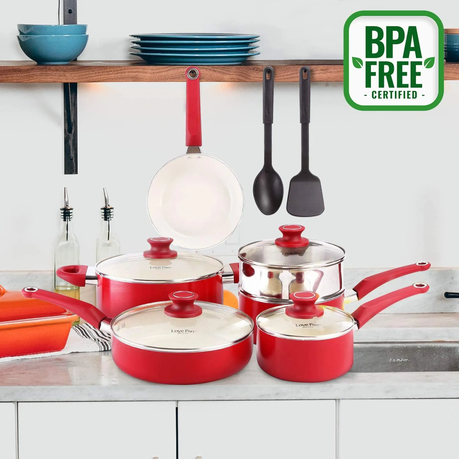 AMERICOOK 12 Piece White Ceramic Pots and Pans Set, Kitchen Non-Stick Cookware Set for Cooking and Frying, Pot and Pan Set with Glass Lids and Kitchen Utensils, Red