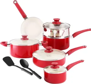 AMERICOOK 12 Piece White Ceramic Pots and Pans Set, Kitchen Non-Stick Cookware Set for Cooking and Frying, Pot and Pan Set with Glass Lids and Kitchen Utensils, Red