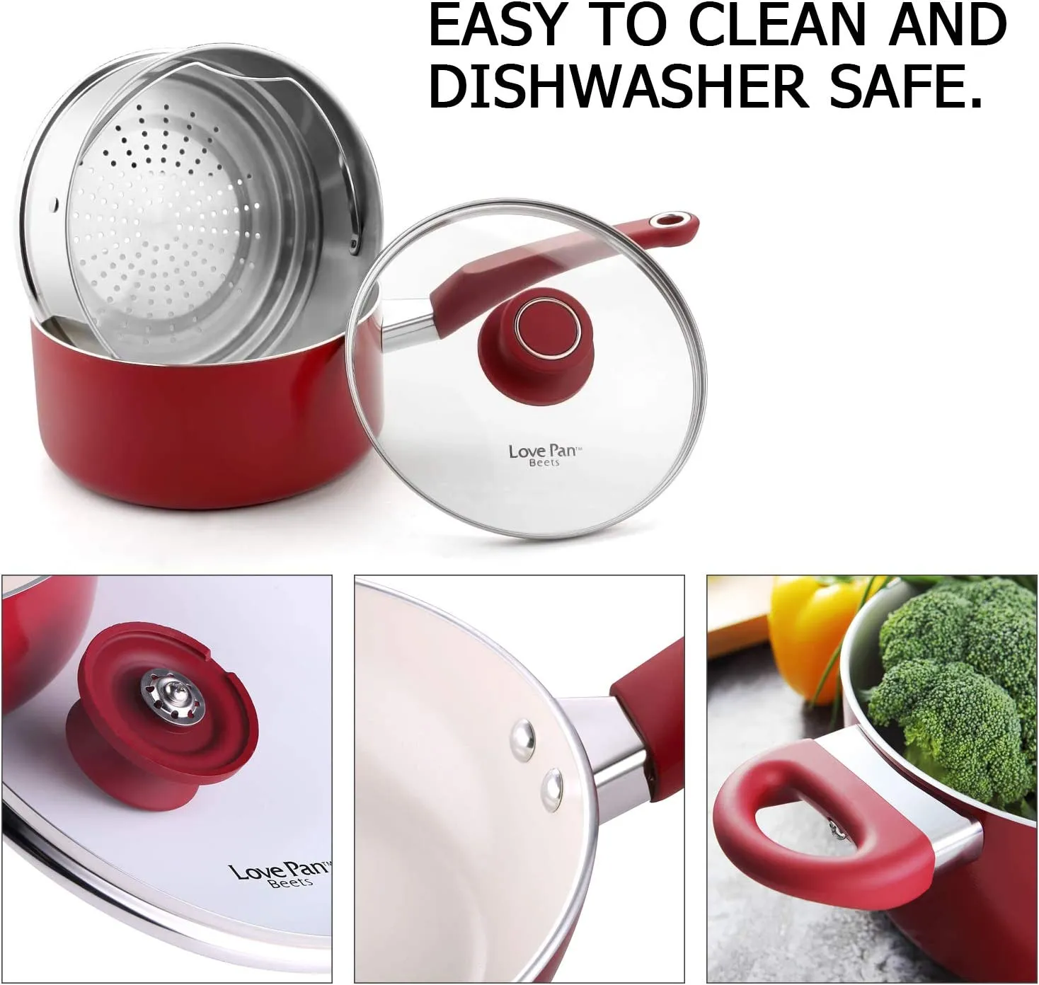 AMERICOOK 12 Piece White Ceramic Pots and Pans Set, Kitchen Non-Stick Cookware Set for Cooking and Frying, Pot and Pan Set with Glass Lids and Kitchen Utensils, Red