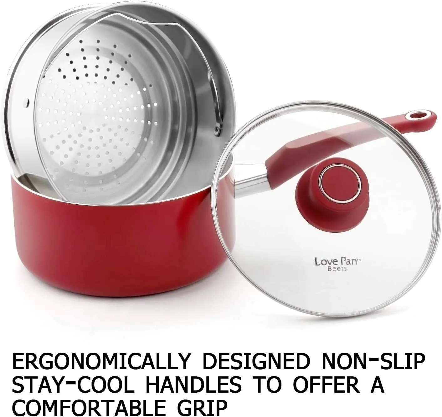 AMERICOOK 12 Piece White Ceramic Pots and Pans Set, Kitchen Non-Stick Cookware Set for Cooking and Frying, Pot and Pan Set with Glass Lids and Kitchen Utensils, Red