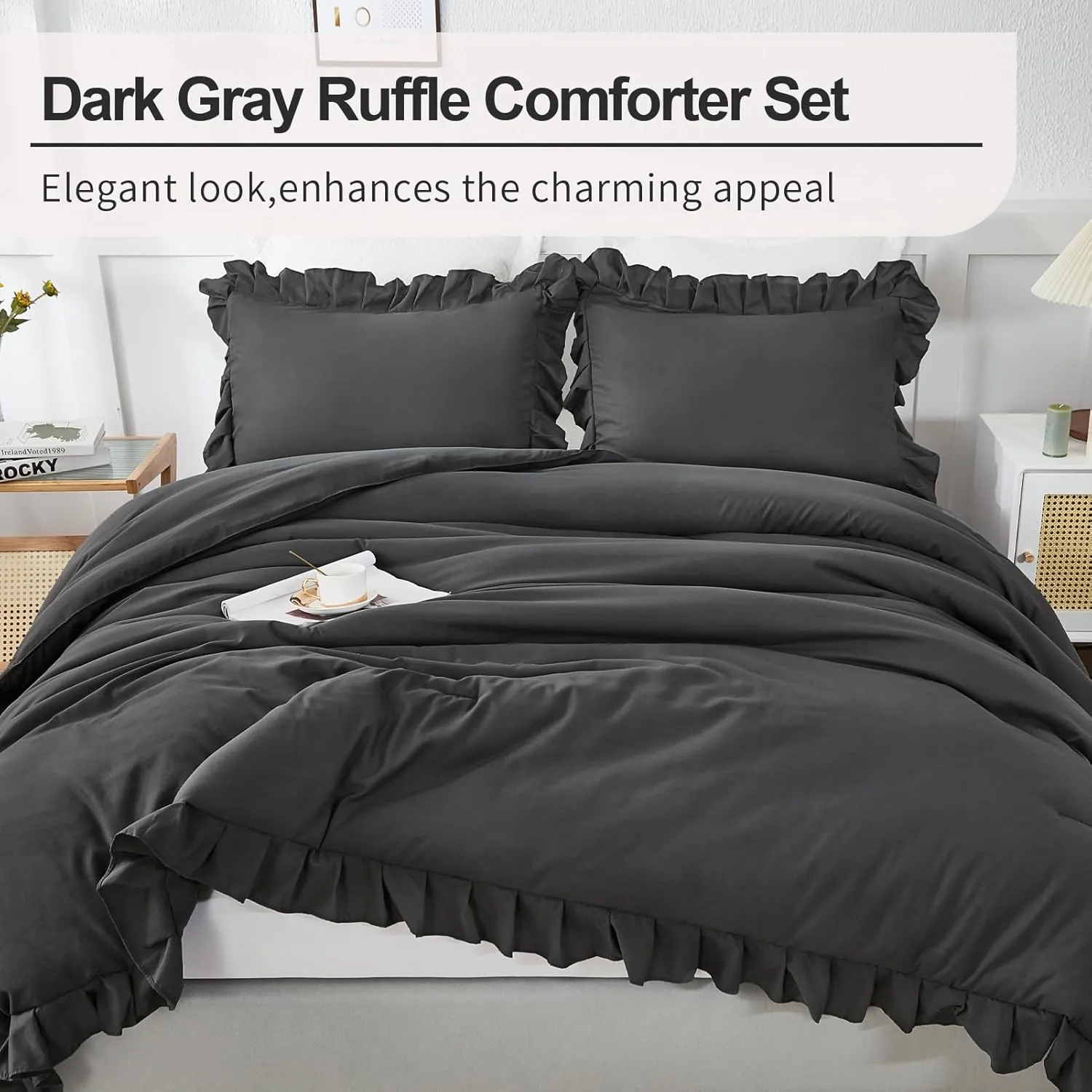 Andency Queen Comforter Set Dark Gray, 3 Pieces Boho Lightweight Summer Solid Bedding Comforters & Sets, Double Women Men Grey Ruffle Farmhouse Bed Set (90x90In Comforter & 2 Pillowcases)
