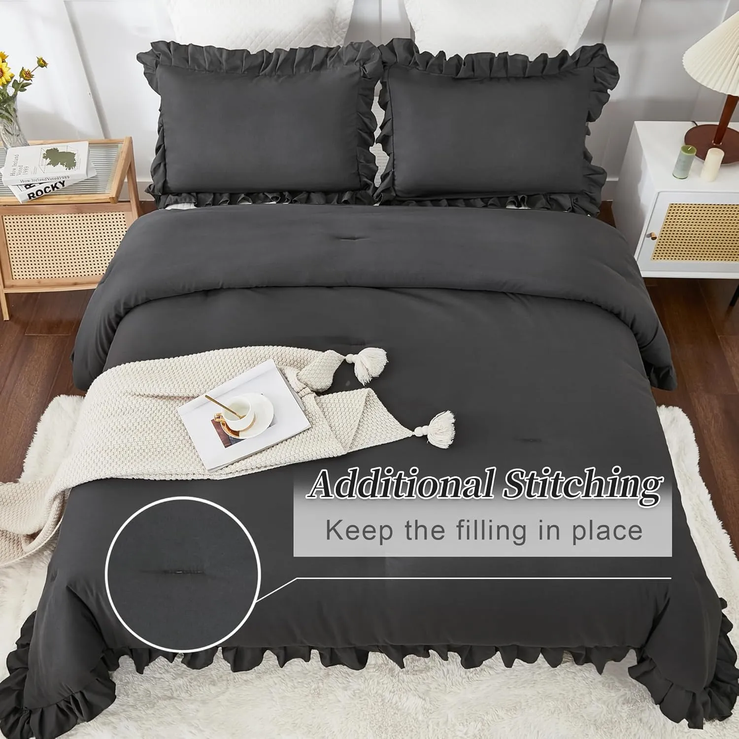 Andency Queen Comforter Set Dark Gray, 3 Pieces Boho Lightweight Summer Solid Bedding Comforters & Sets, Double Women Men Grey Ruffle Farmhouse Bed Set (90x90In Comforter & 2 Pillowcases)