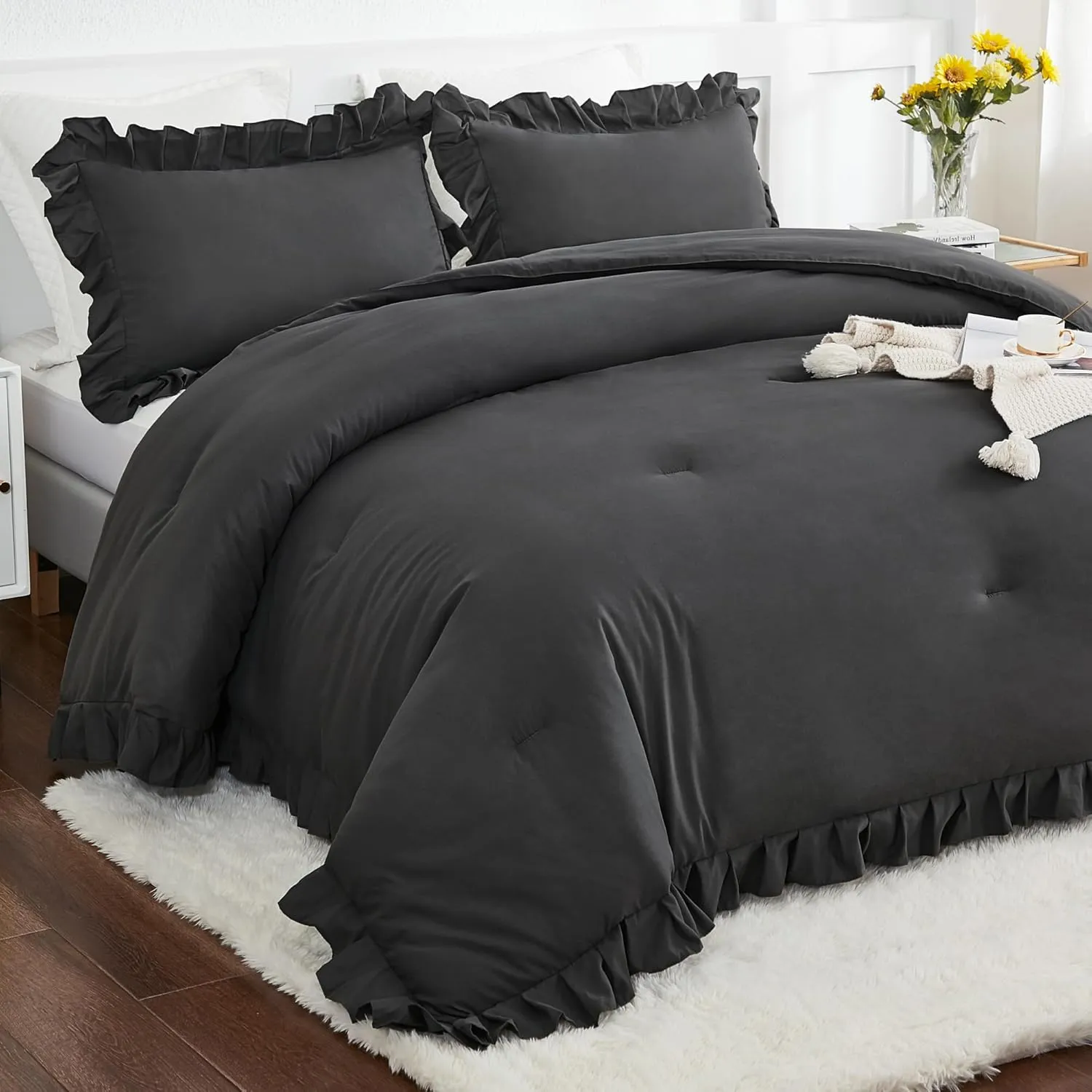 Andency Queen Comforter Set Dark Gray, 3 Pieces Boho Lightweight Summer Solid Bedding Comforters & Sets, Double Women Men Grey Ruffle Farmhouse Bed Set (90x90In Comforter & 2 Pillowcases)