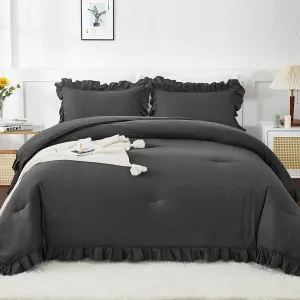Andency Queen Comforter Set Dark Gray, 3 Pieces Boho Lightweight Summer Solid Bedding Comforters & Sets, Double Women Men Grey Ruffle Farmhouse Bed Set (90x90In Comforter & 2 Pillowcases)