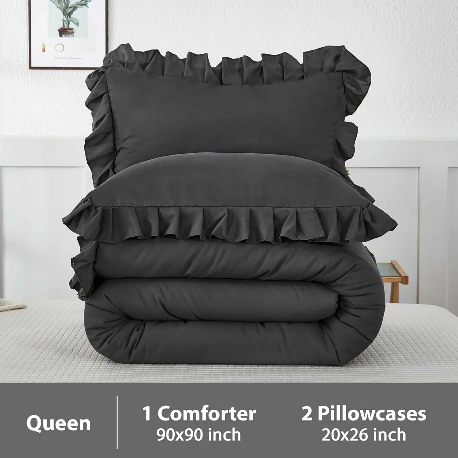 Andency Queen Comforter Set Dark Gray, 3 Pieces Boho Lightweight Summer Solid Bedding Comforters & Sets, Double Women Men Grey Ruffle Farmhouse Bed Set (90x90In Comforter & 2 Pillowcases)