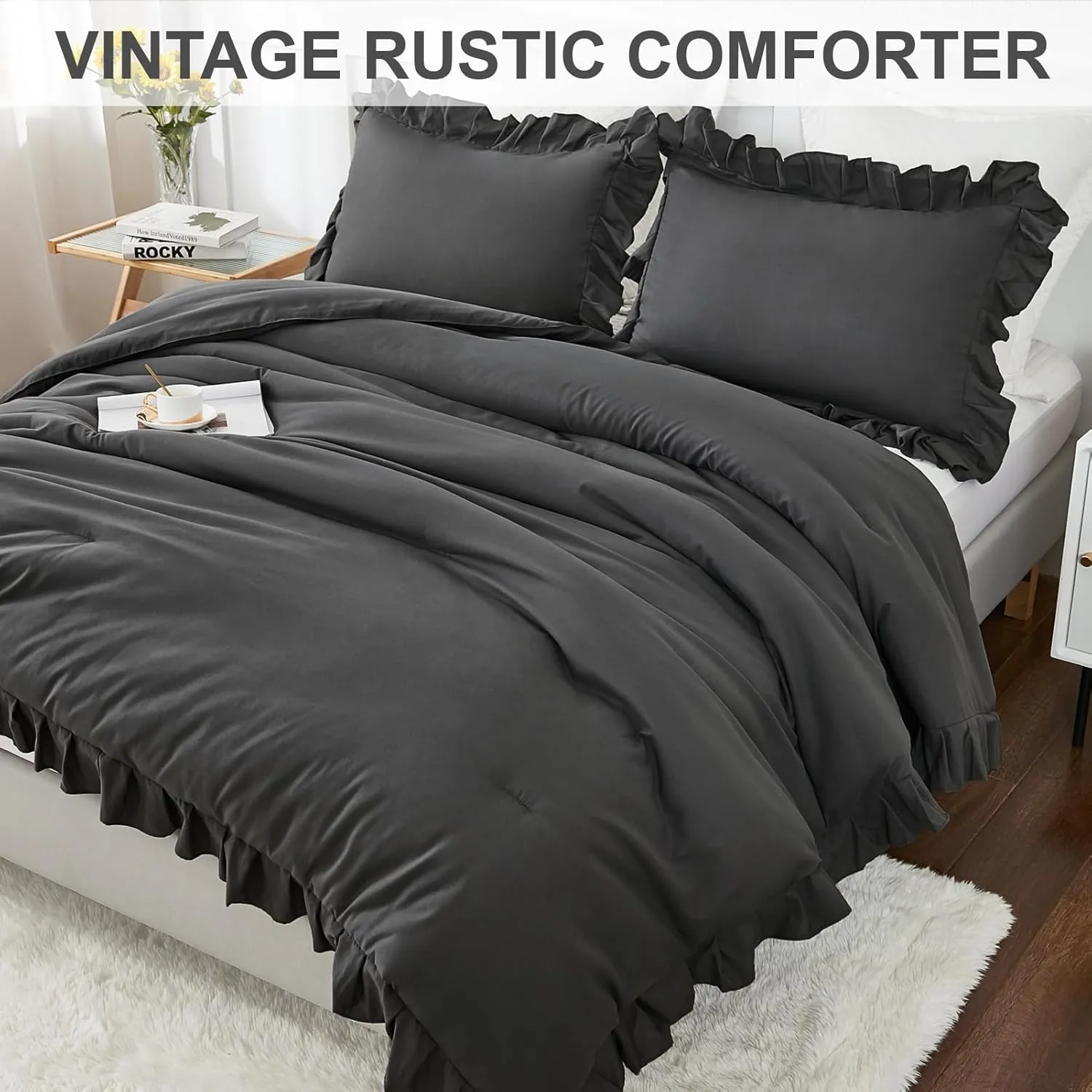 Andency Queen Comforter Set Dark Gray, 3 Pieces Boho Lightweight Summer Solid Bedding Comforters & Sets, Double Women Men Grey Ruffle Farmhouse Bed Set (90x90In Comforter & 2 Pillowcases)