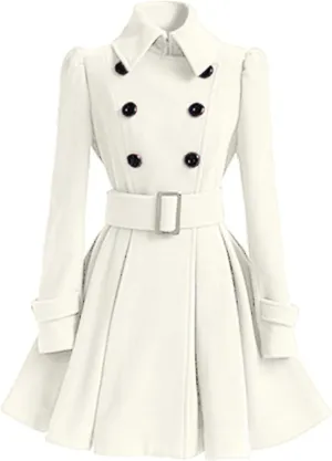 Andongnywell Women Swing Wool Trench Pea Coat Double Breasted Mid-Long Long Sleeve Lapel Wrap Winter Outwear Overcoat