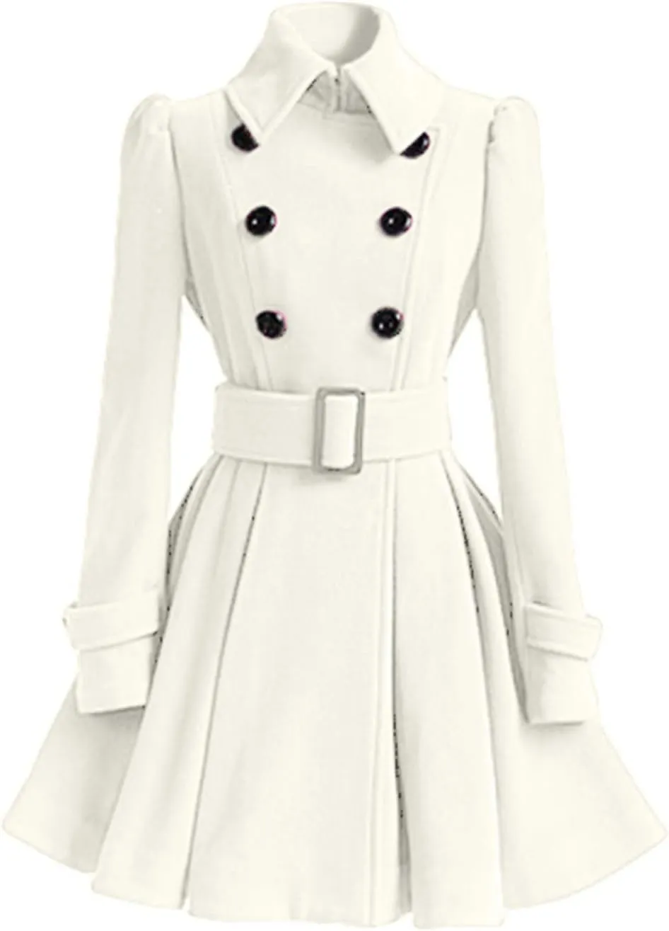 Andongnywell Women Swing Wool Trench Pea Coat Double Breasted Mid-Long Long Sleeve Lapel Wrap Winter Outwear Overcoat
