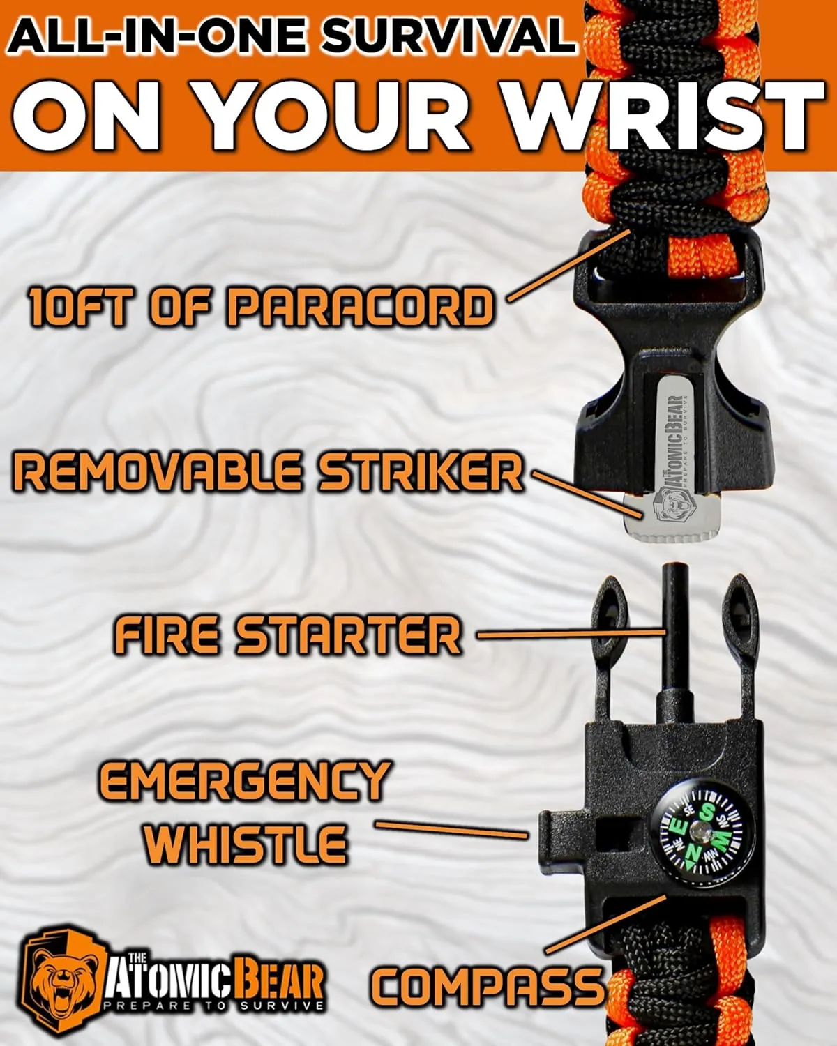 Atomic Bear Paracord Bracelet (2 Pack) - Adjustable - Fire Starter - Loud Whistle - Perfect for Hiking, Camping, Fishing and Hunting - Black & Black Orange