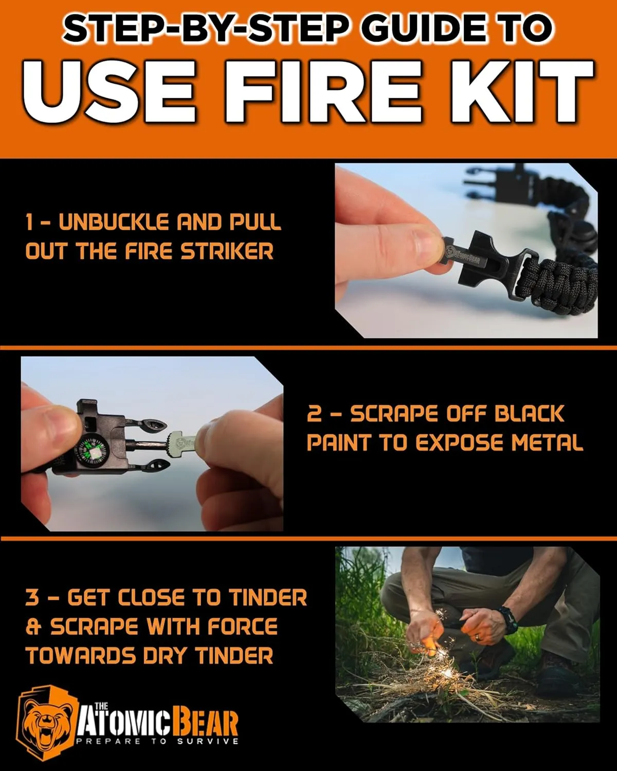 Atomic Bear Paracord Bracelet (2 Pack) - Adjustable - Fire Starter - Loud Whistle - Perfect for Hiking, Camping, Fishing and Hunting - Black & Black Orange