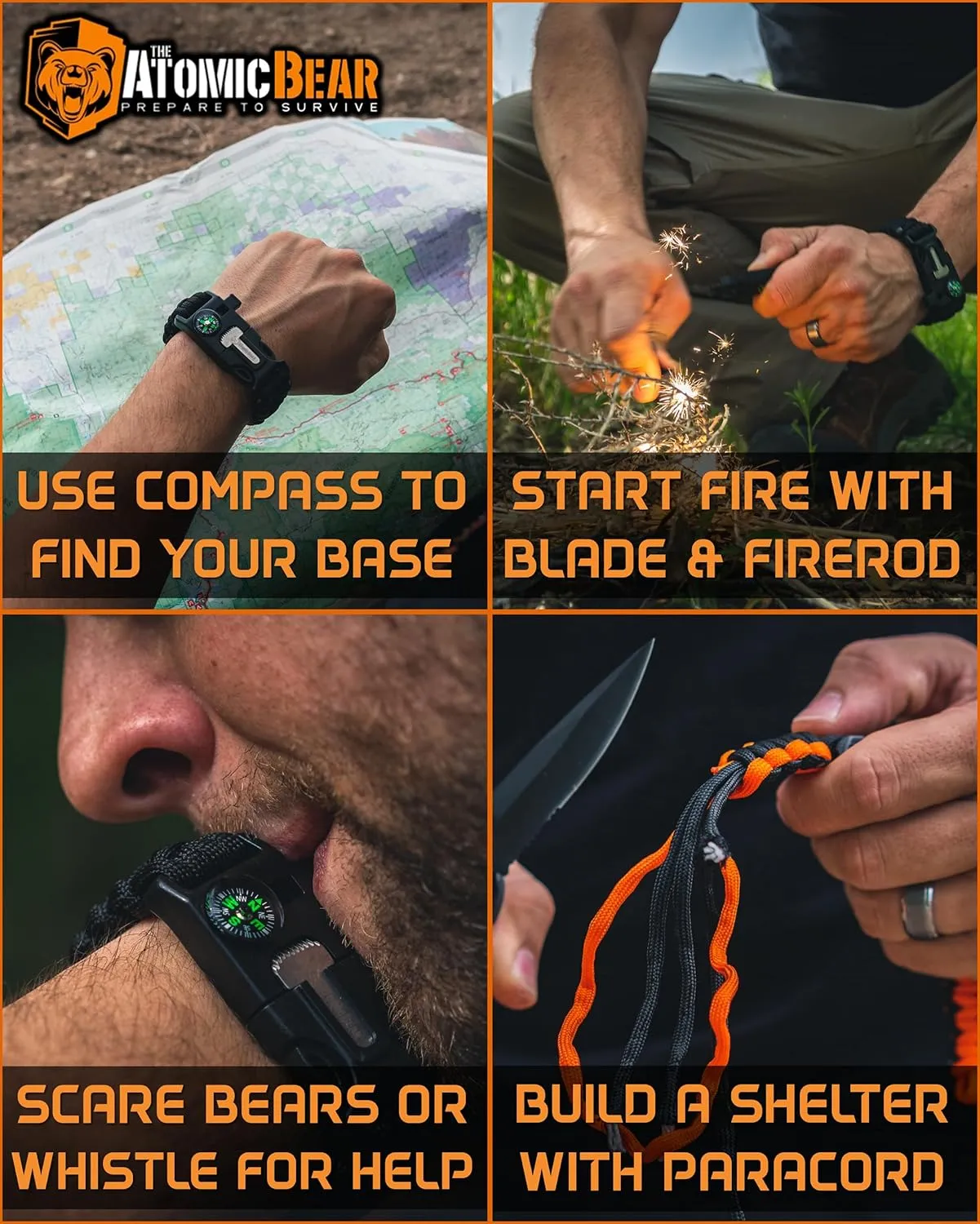 Atomic Bear Paracord Bracelet (2 Pack) - Adjustable - Fire Starter - Loud Whistle - Perfect for Hiking, Camping, Fishing and Hunting - Black & Black Orange