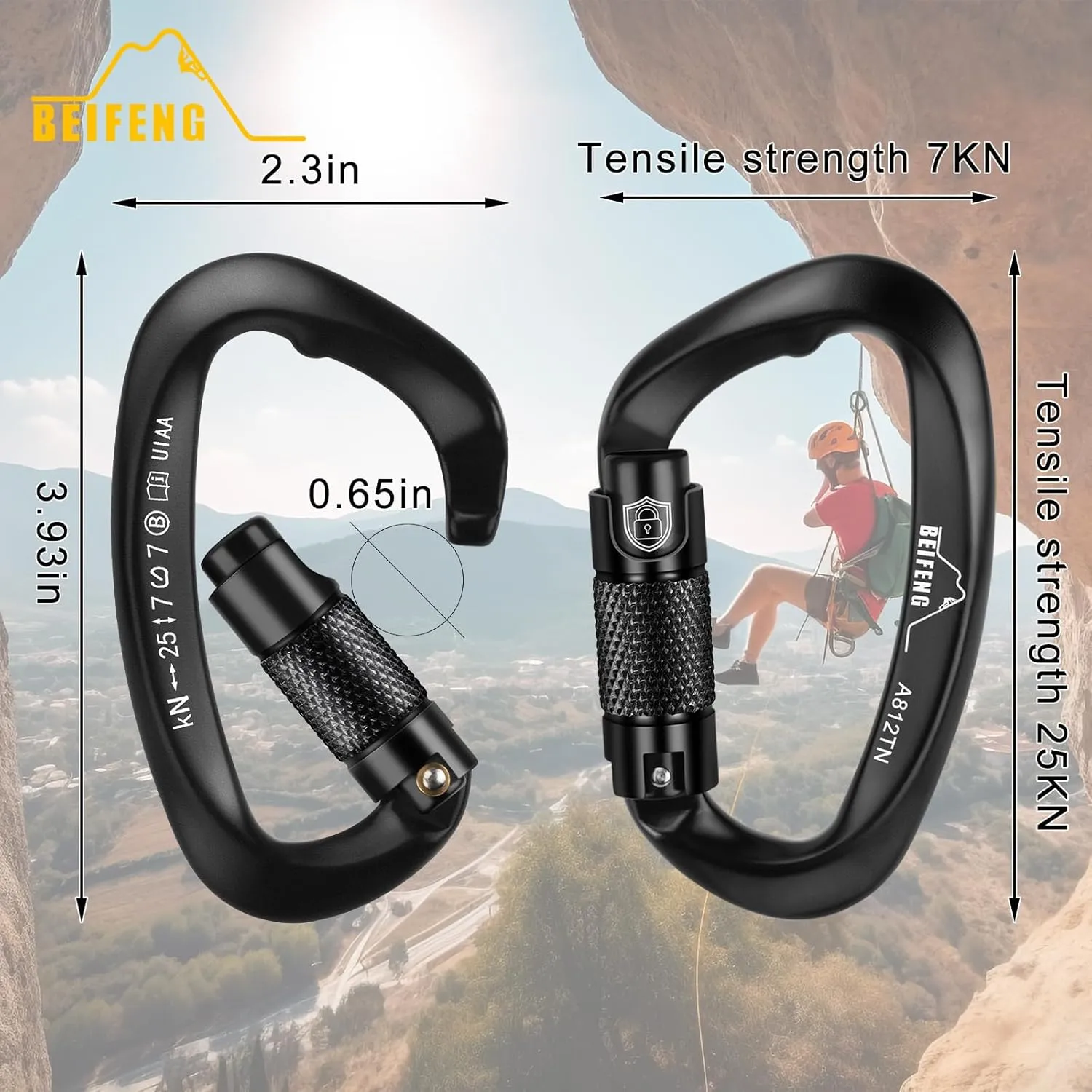Auto Locking Climbing Carabiner, 25KN Black Twist Lock Heavy Duty D-Type Carabiner, UIAA Certified for Climbing, Rappelling, Rescue, Hammock, Swing
