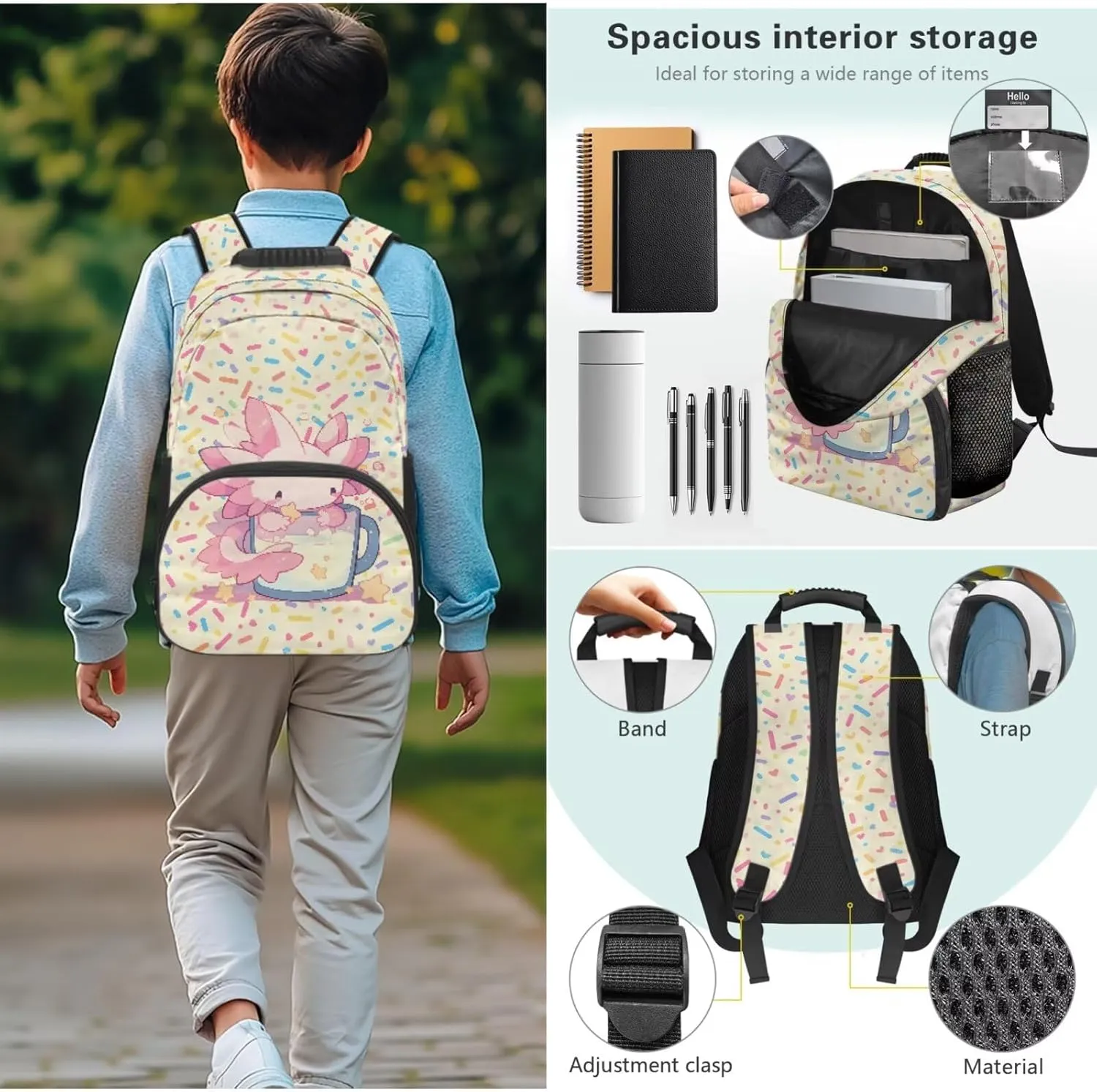 Axolotl Candy 3-in-1 Backpack Set Oil-Proof Lunch Bag   Multi-Functional Pen Storage 17in Bookbag Large Front Pocket Portable Daypack Bag for Beach Trips