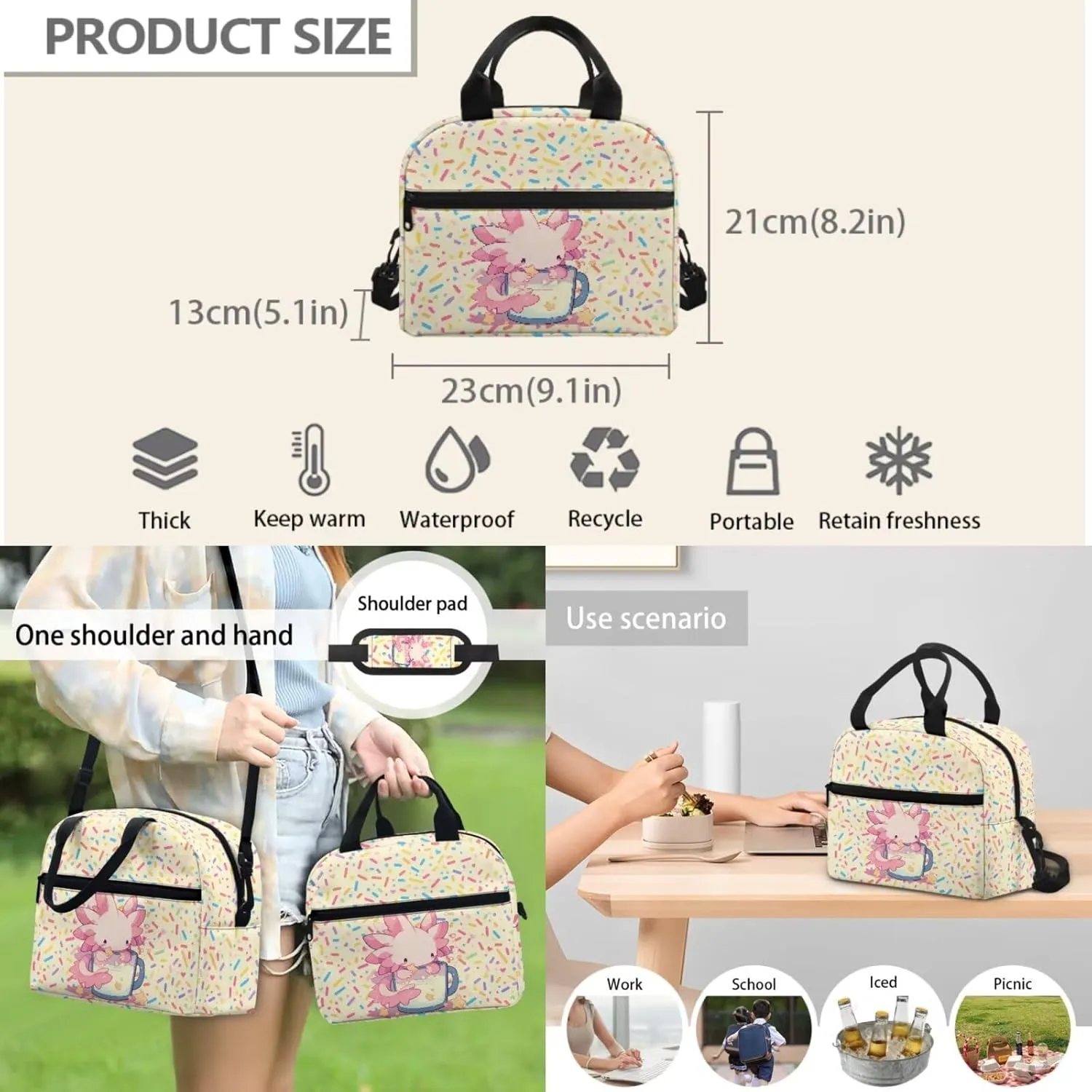 Axolotl Candy 3-in-1 Backpack Set Oil-Proof Lunch Bag   Multi-Functional Pen Storage 17in Bookbag Large Front Pocket Portable Daypack Bag for Beach Trips