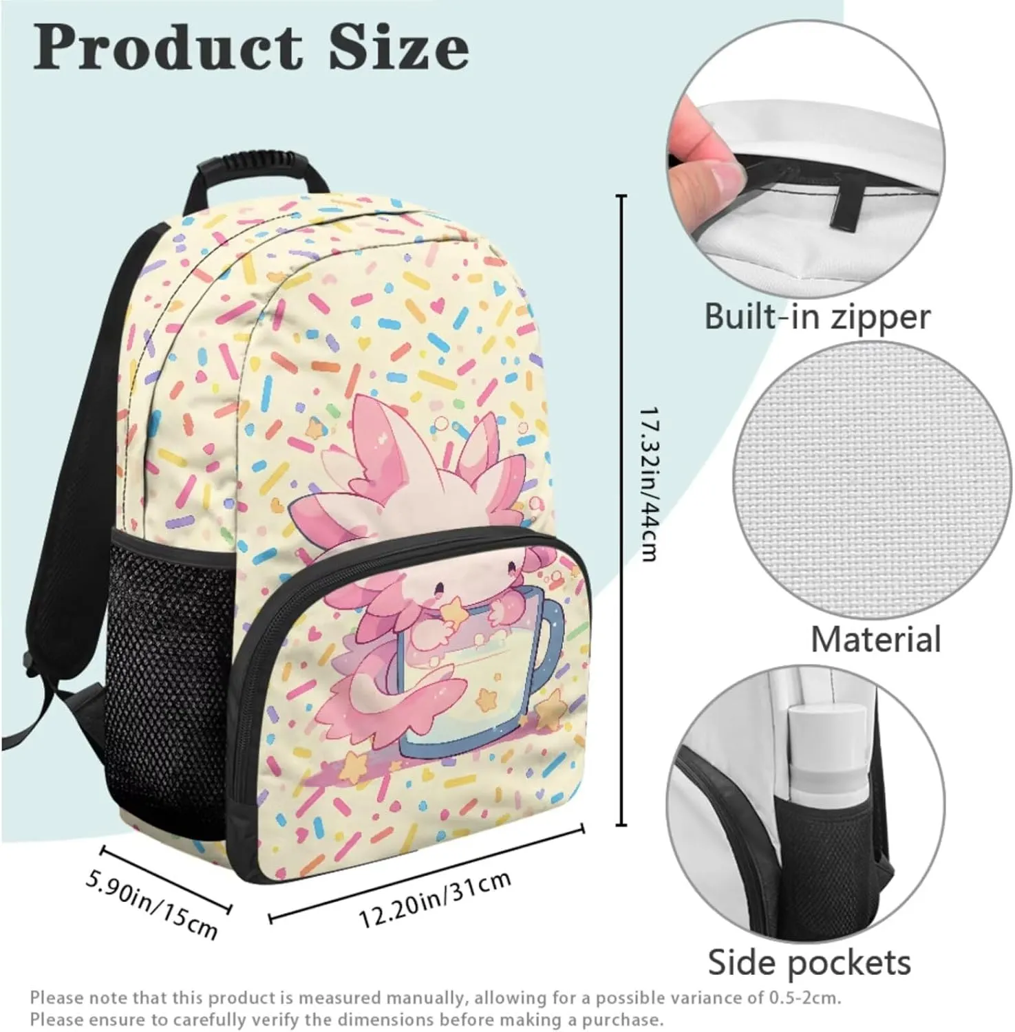 Axolotl Candy 3-in-1 Backpack Set Oil-Proof Lunch Bag   Multi-Functional Pen Storage 17in Bookbag Large Front Pocket Portable Daypack Bag for Beach Trips