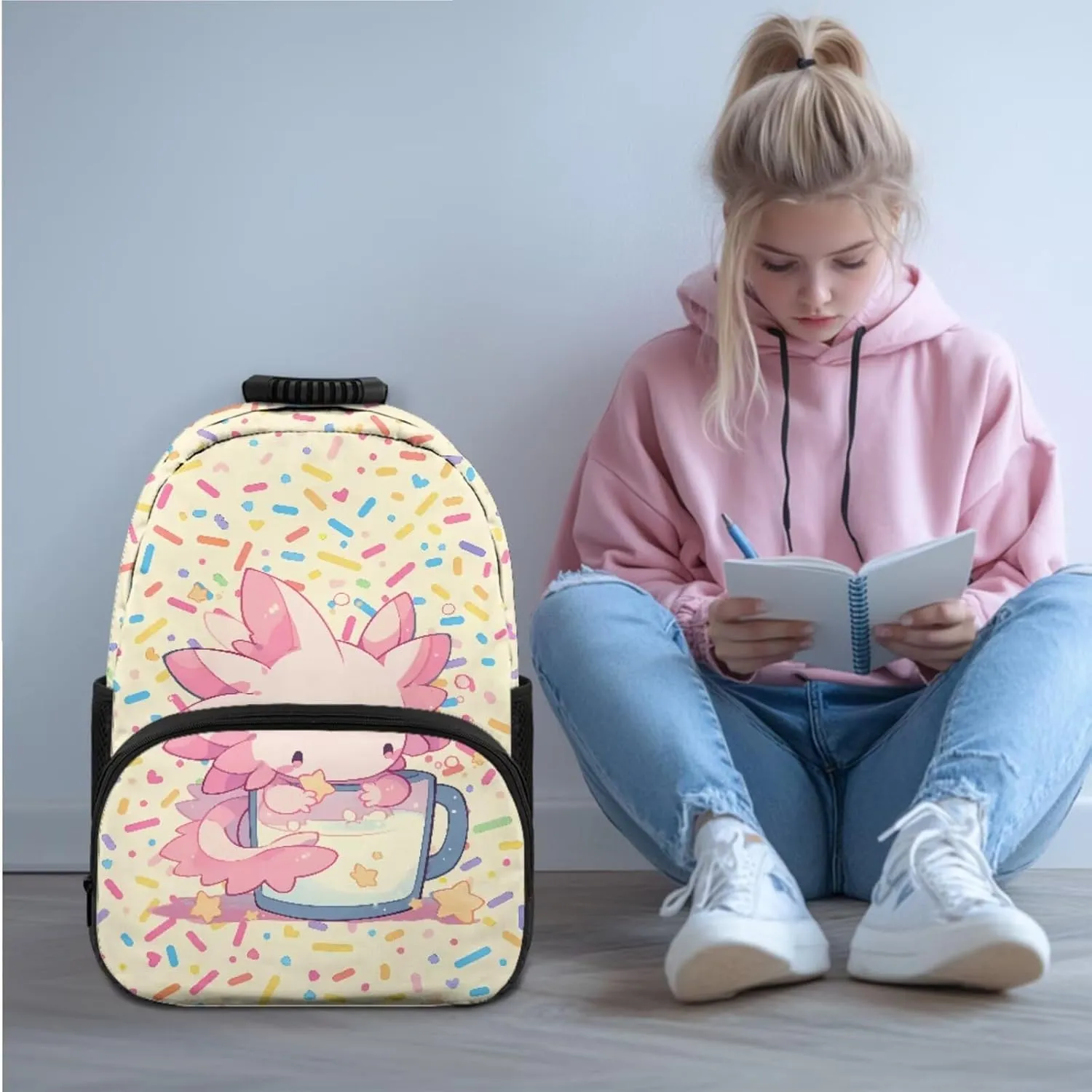 Axolotl Candy 3-in-1 Backpack Set Oil-Proof Lunch Bag   Multi-Functional Pen Storage 17in Bookbag Large Front Pocket Portable Daypack Bag for Beach Trips