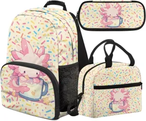 Axolotl Candy 3-in-1 Backpack Set Oil-Proof Lunch Bag   Multi-Functional Pen Storage 17in Bookbag Large Front Pocket Portable Daypack Bag for Beach Trips