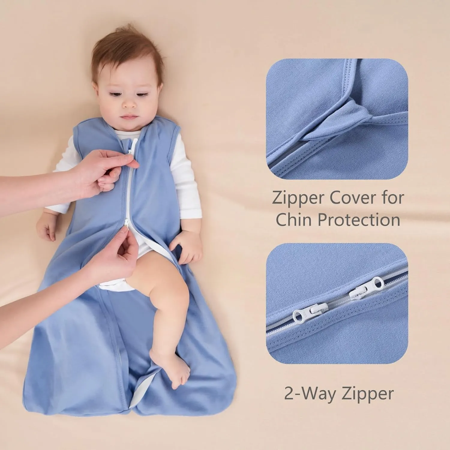 Baby Sleep Sack 0-6 Months, 100% Cotton Sleeping Sack for Newborn and Infant, 3 Pack Baby Wearable Blanket, 0.5 Tog Lightweight Double Zipper Sleep Bag Cyan