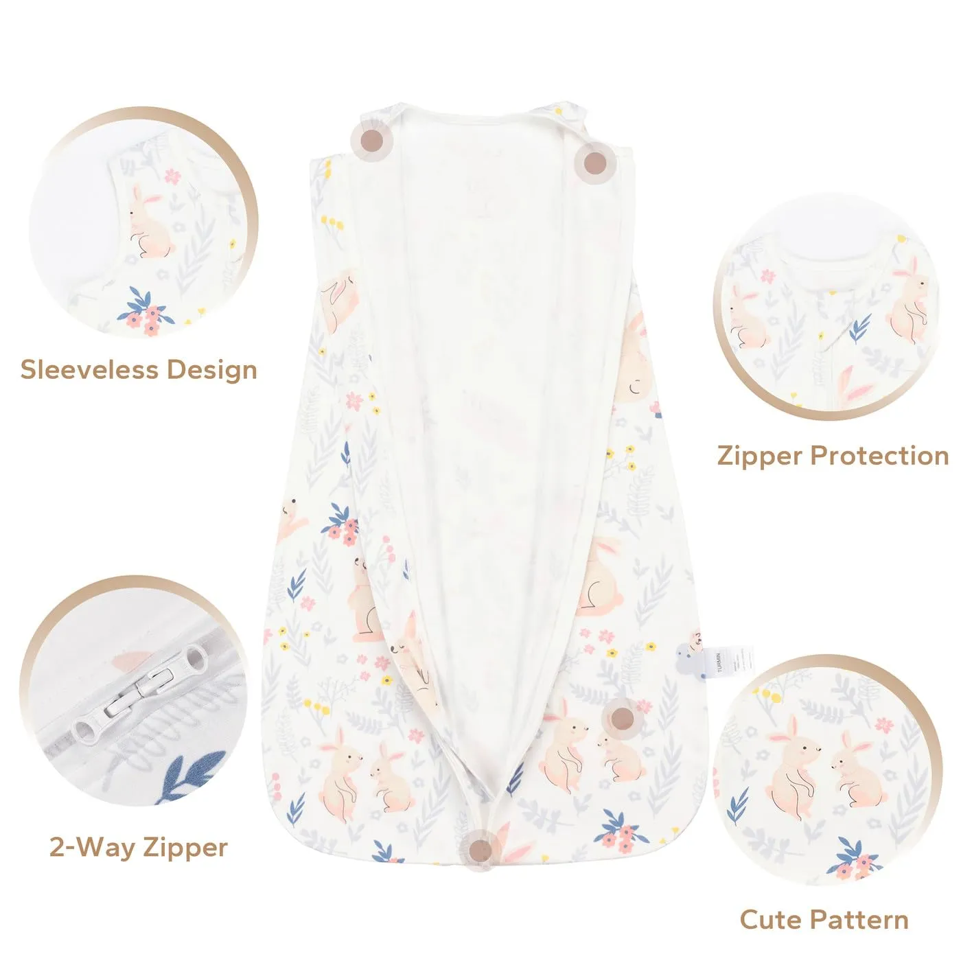 Baby Sleep Sack, 0.5 TOG Baby Sleeping Bag 100% Cotton with 2-Way Zipper Sleeveless Wearable Blanket for Newborn, Rabbit, S(0-6 Months)
