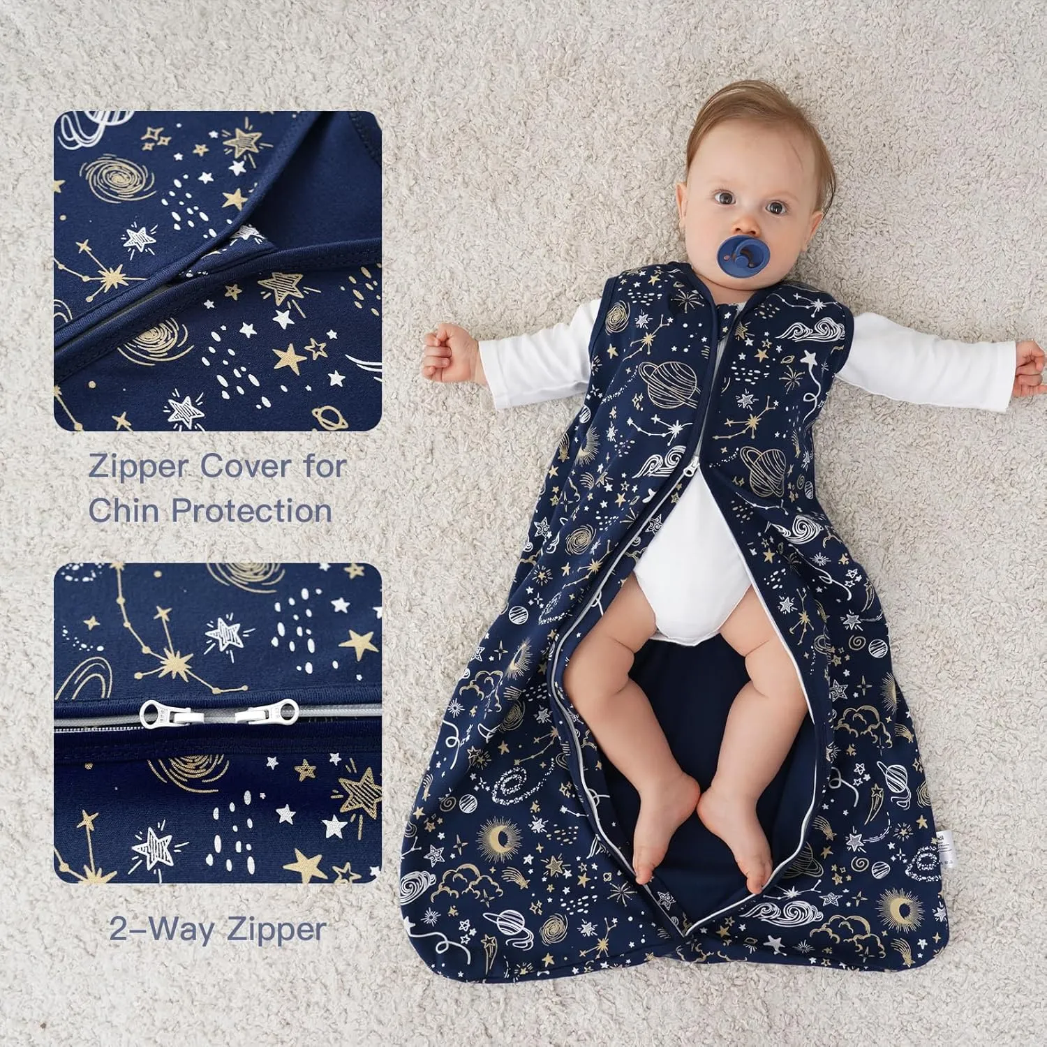 Baby Sleep Sack 18-24 months, 100% Cotton Sleep Sack for Newborn, Wearable Blanket Baby, 0.5 Tog Lightweight Double Zipper Sleeping Bag Blue Sky 1 Pack